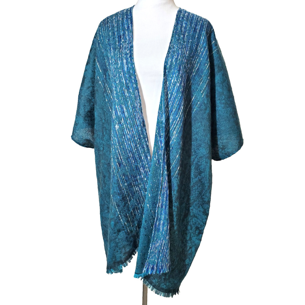 Chico's Womens Poncho Oversized Sweater Fringe Layering Teal Blue‎ Lightweight